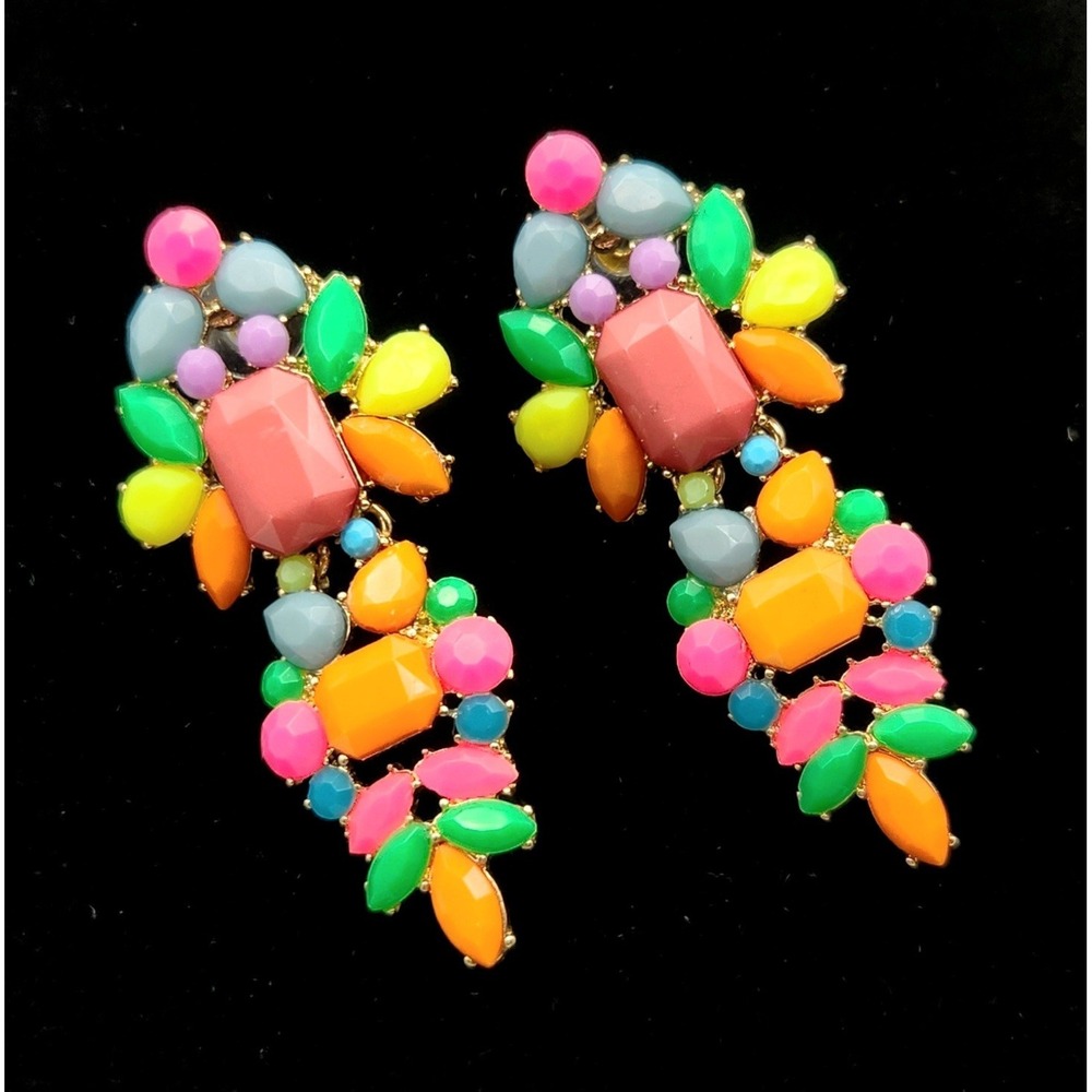 Colorful Neon Statement Dangle Earrings Multicolor Resin Gold Tone Boho Festival